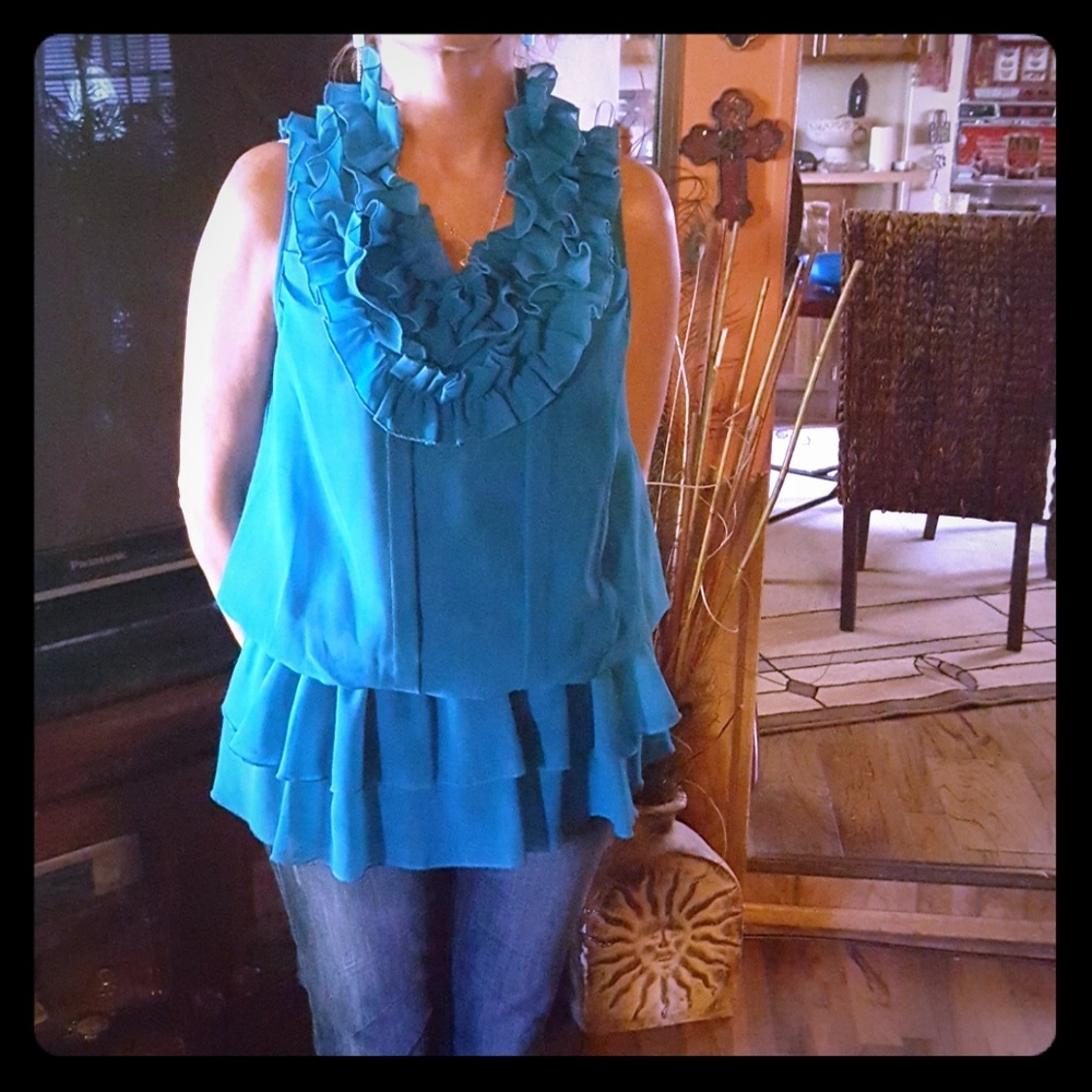 Teal ruffle chiffon top