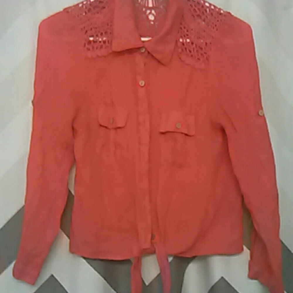 Orange Button Up Top with Crochet Nit Detailing