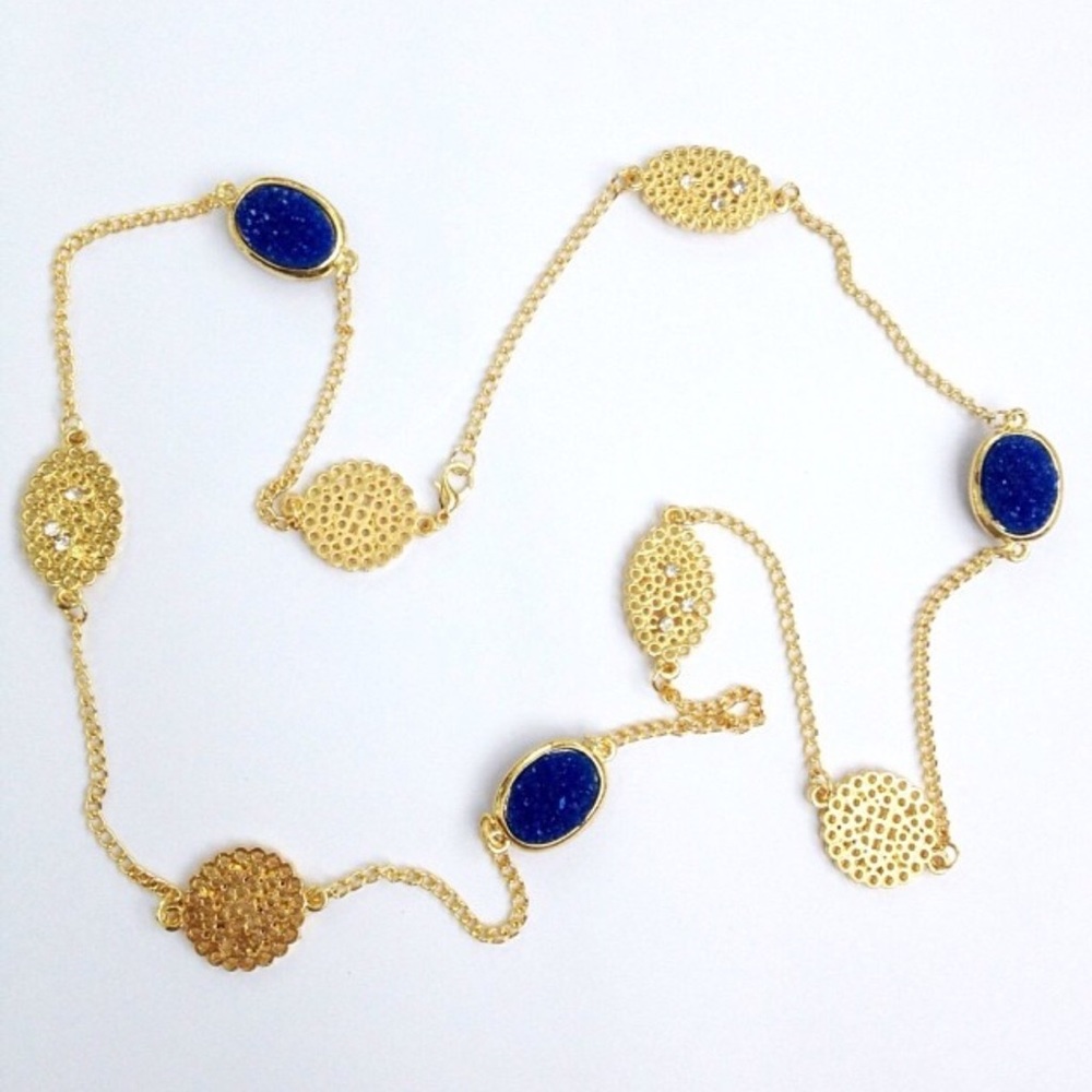Blue geode and gold long necklace