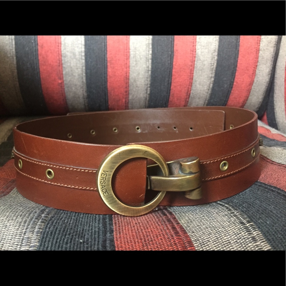 Brown leather Versace belt with gold buckle
