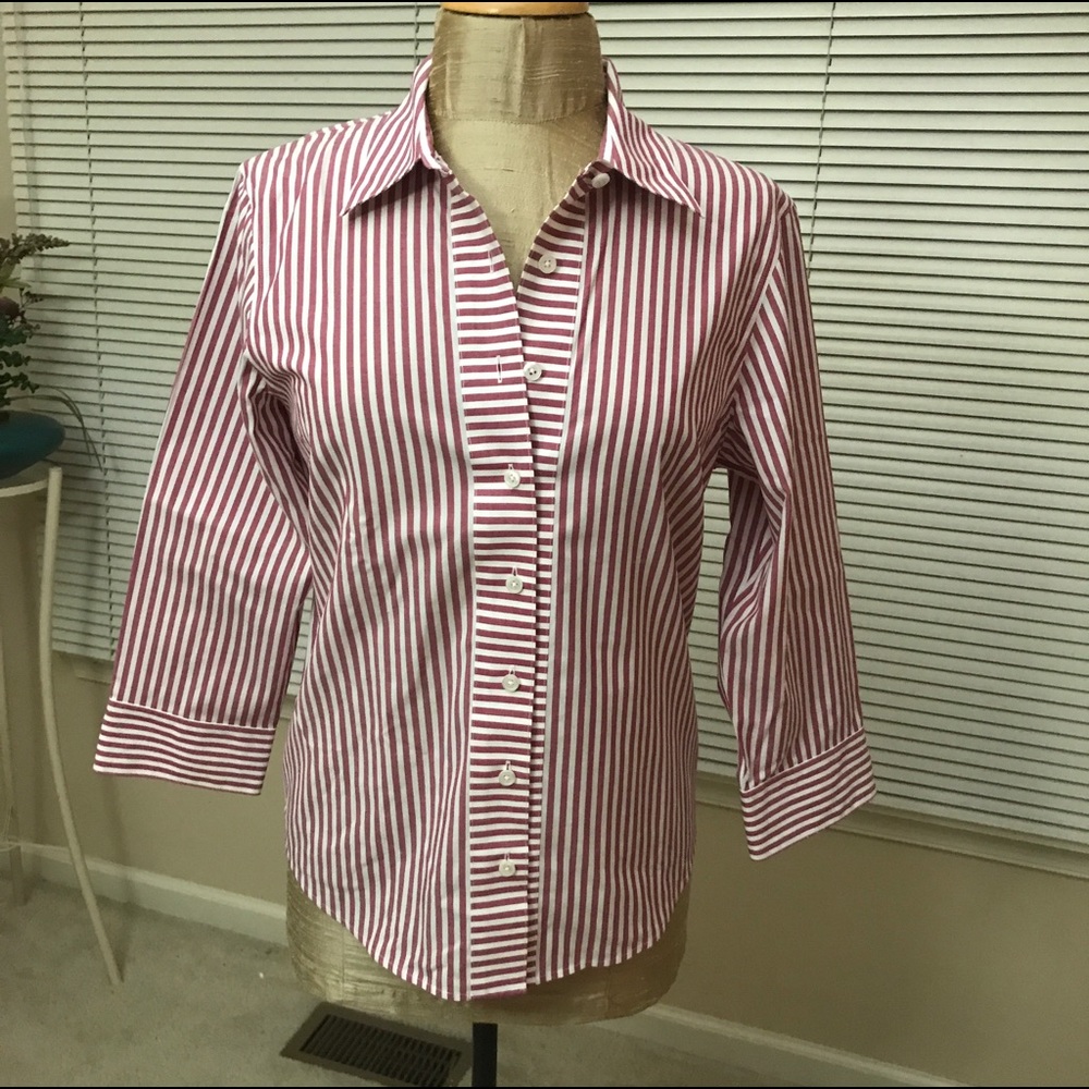 Talbots red & white pinstripe front button blouse