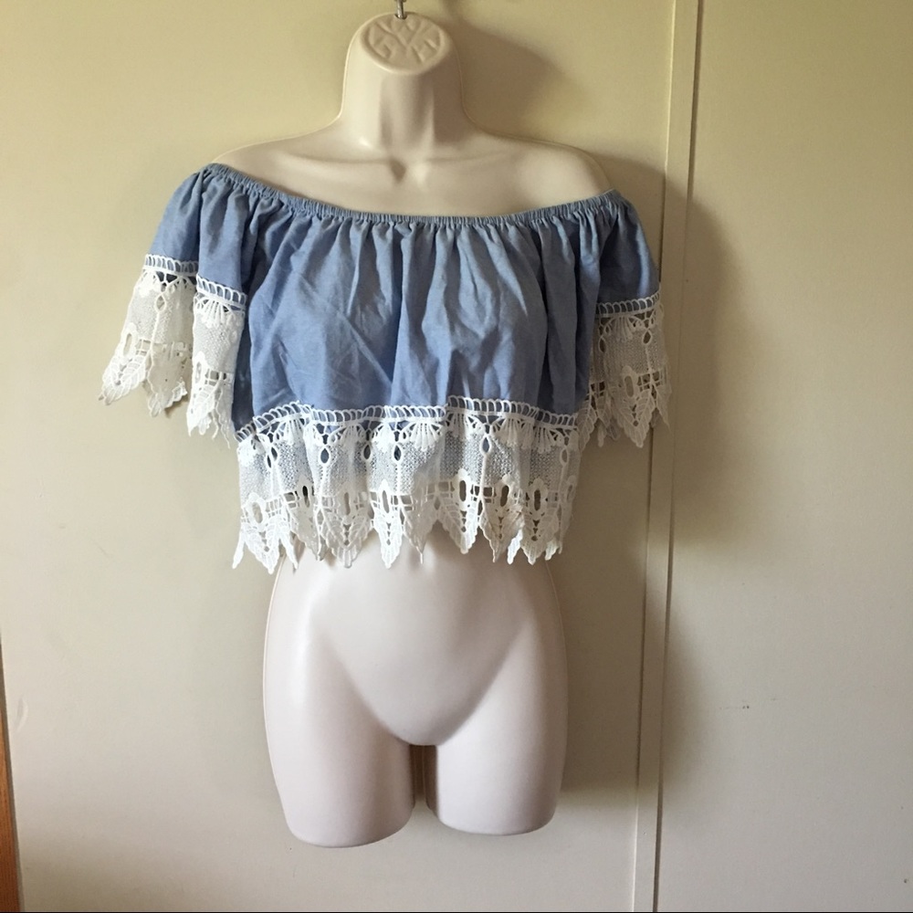 Cute denim with crochet detail off the shoulder