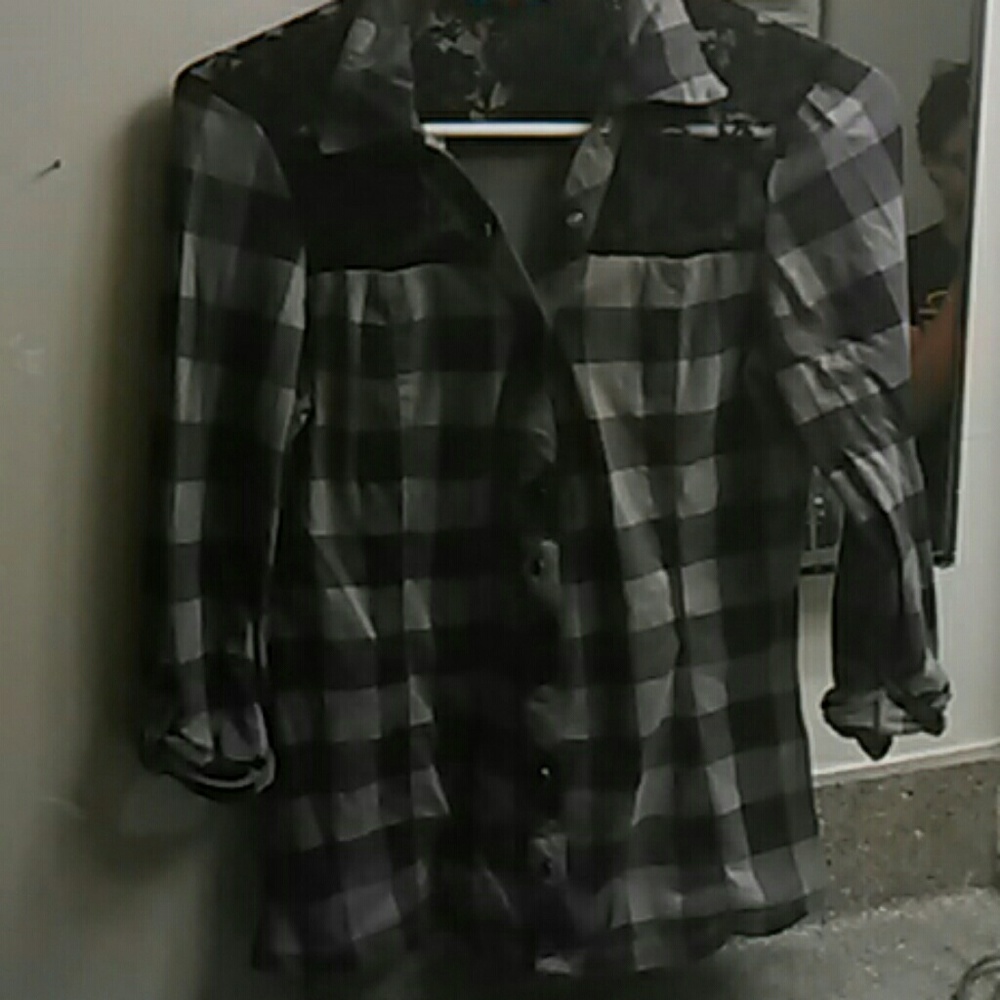 Grey and Black Plaid Button Up Top