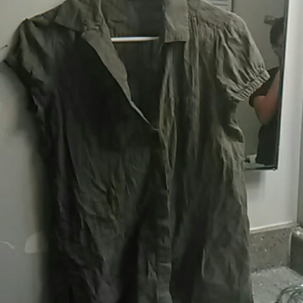 Olive Green Shot Sleeve Button Up Top