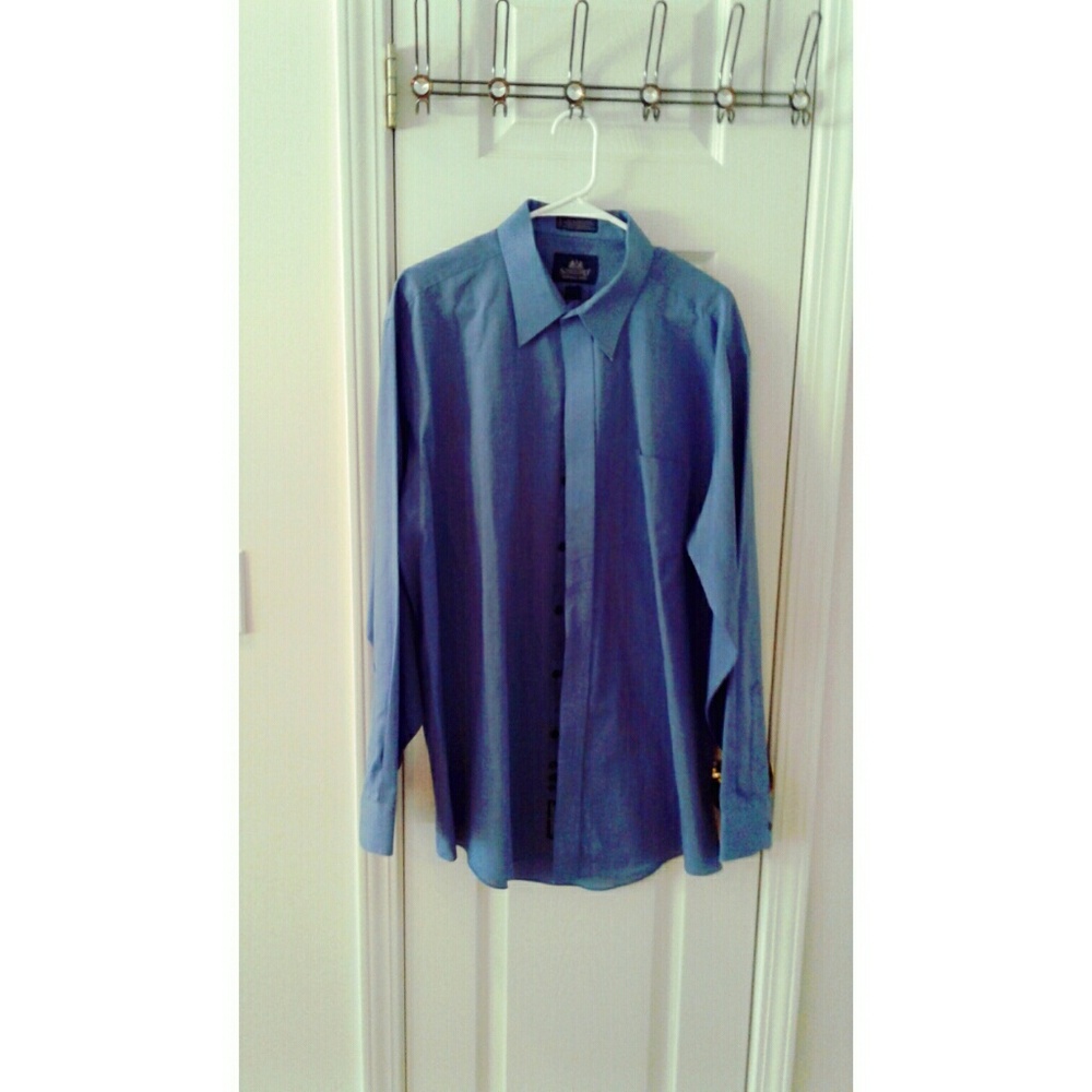 Men's long sleeved button down blue dress shirt.
