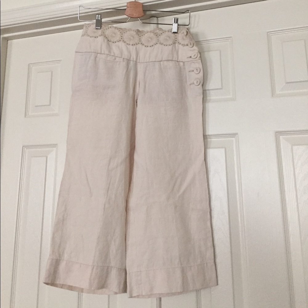 Elevenses from Anthropologie linen pants in cream.