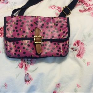 Purple Fossil cross body purse with Navy blue dots