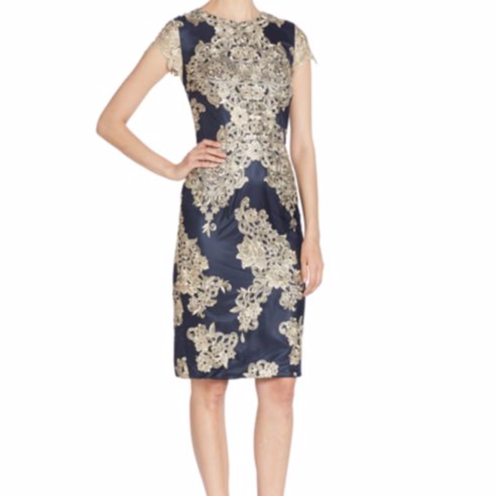 David Meister Lace Embellished Sheath Dress Navy