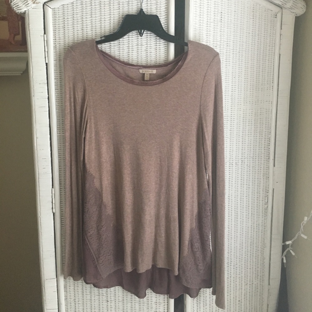 Anthropologie mauve long sleeve silk lace top