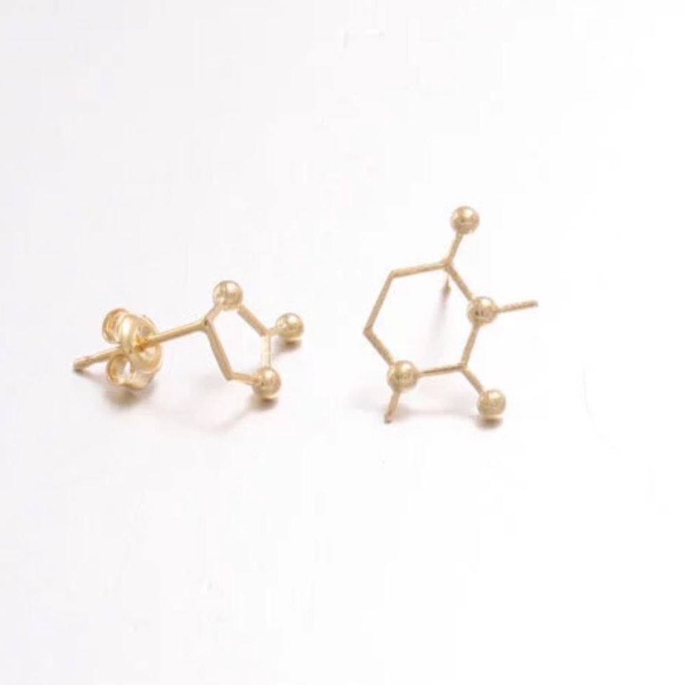 Caffeine Molecule Stud Earrings Science Chemistry Gift Gold Tone Jewelry