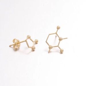 Caffeine Molecule Stud Earrings Science Chemistry Gift Gold Tone Jewelry