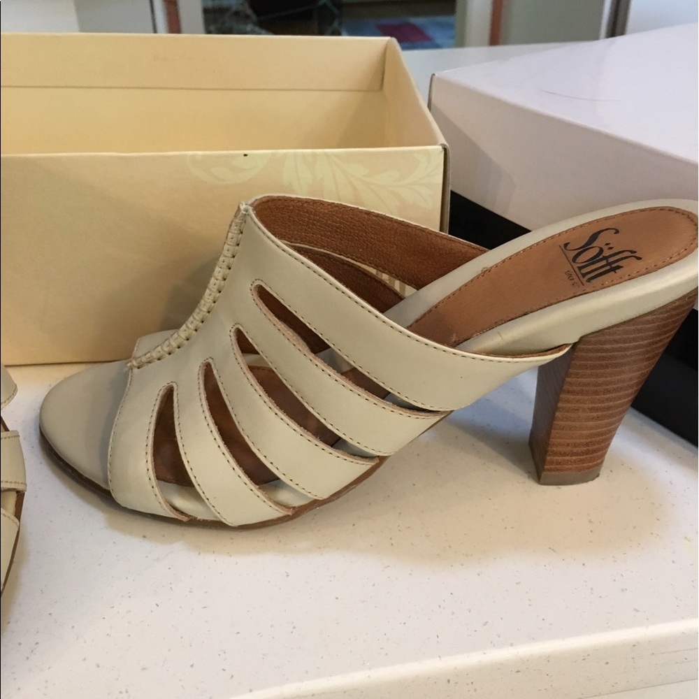 Sandals by Softt. Light beige. Wood heel.