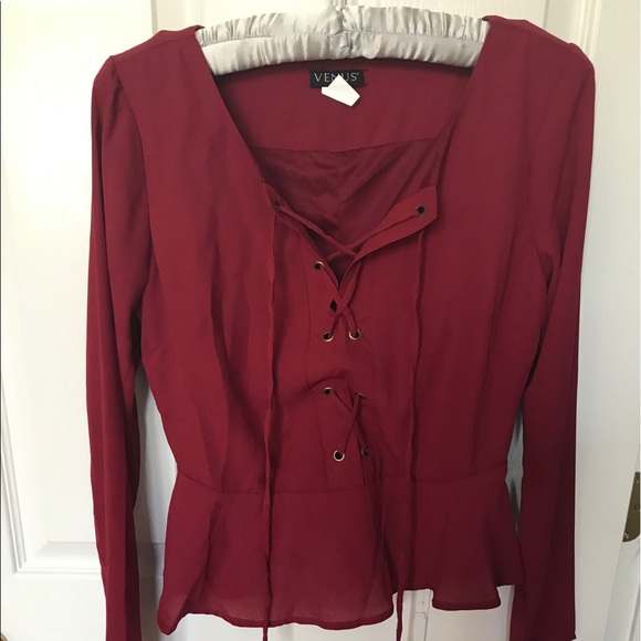 Burgundy Lace Up Peplum Top by Venus NWOT - Picture 3 of 4