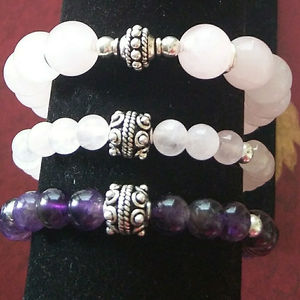 Rose quartz and amethyst beads with silver pickups