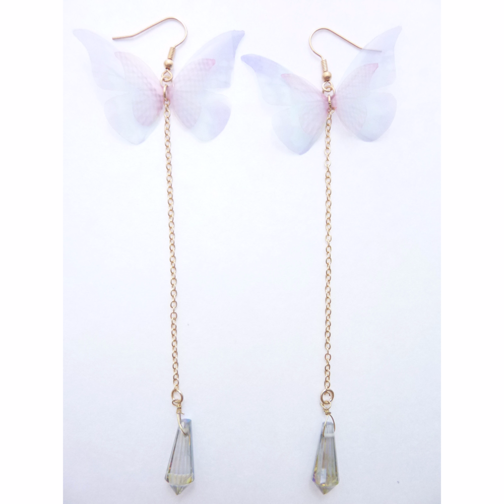 Butterfly Wings Crystal Dangle Earrings Long Sheer Fabric Iridescent Pink Blue