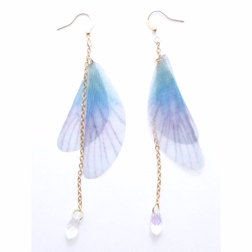 Blue Purple Butterfly Wing Earrings - Long Gold Dangle Crystal Fairycore Boho