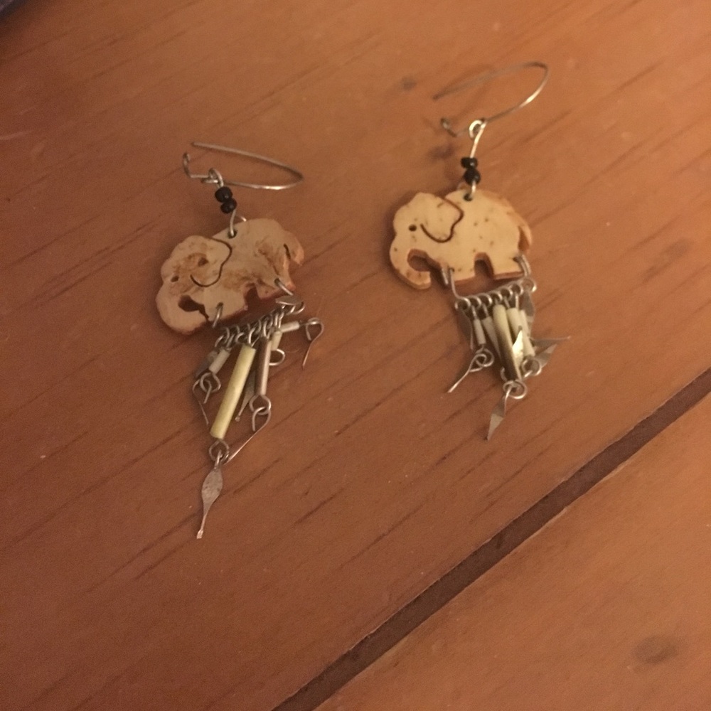 Wooden elephant, dangle earring