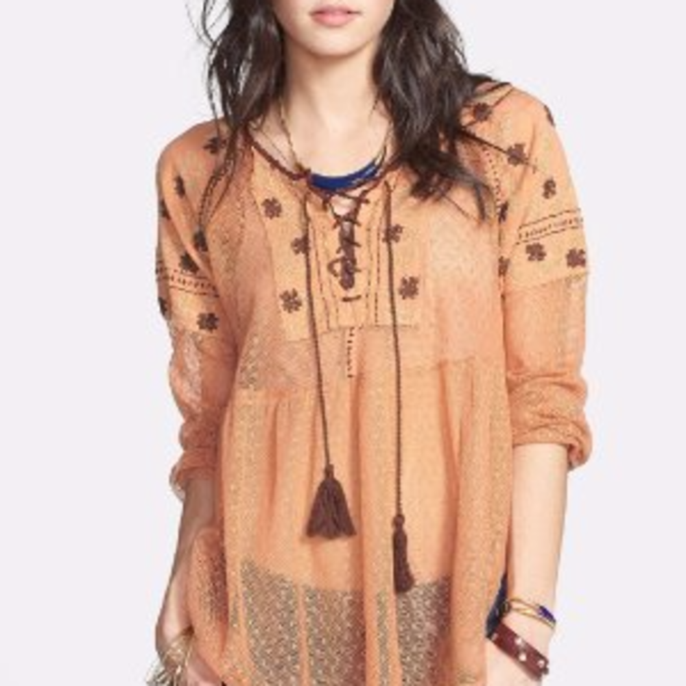 FREE PEOPLE SHEER MESH PEASANT DRESS TUNIC TOP XS