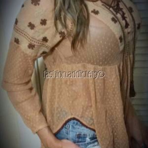 FREE PEOPLE SHEER MESH PEASANT DRESS TUNIC TOP XS - Picture 3 of 5