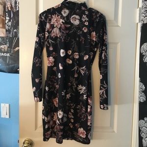 floral high neck long sleeve bodycon dress black
