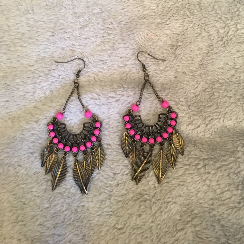 Pink & Bronze Feather Earrings