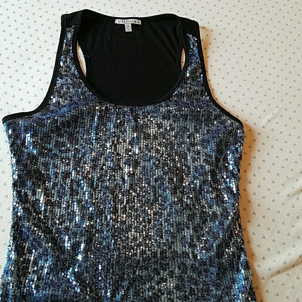 Blue and black sequined tank top