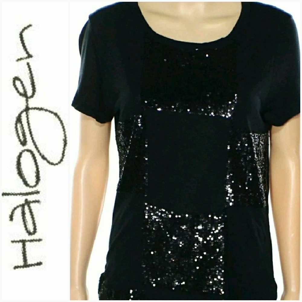 New HALOGEN Black Sequin Top Scoopneck