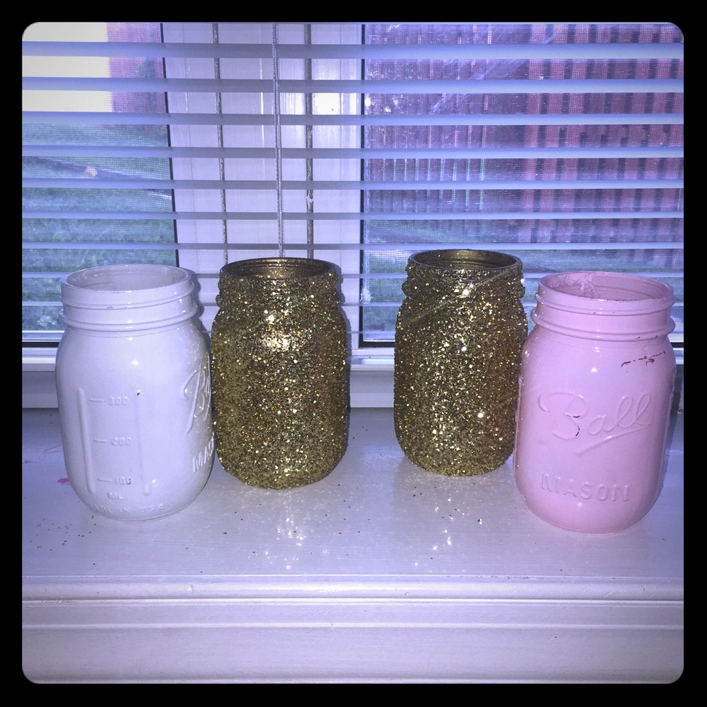 Mason jar set. Two gold, one white, one pink