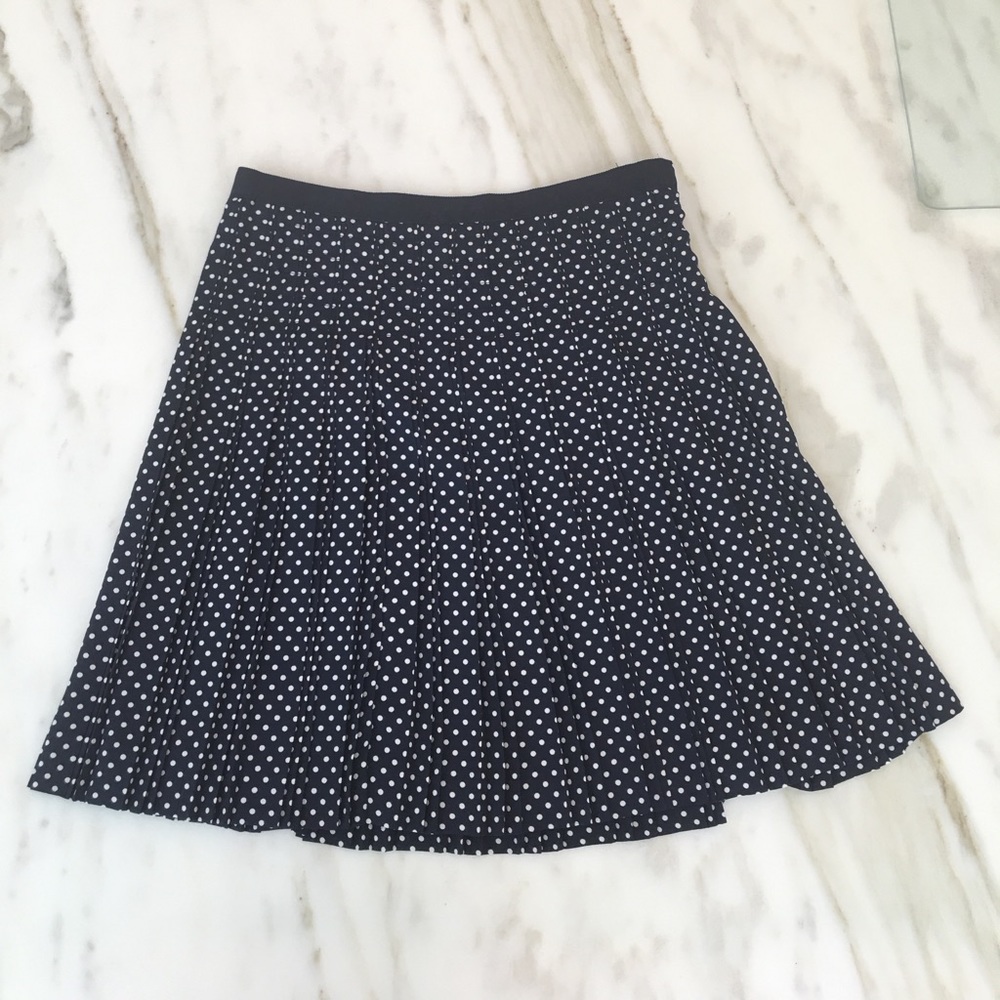 J Crew polka dot pleated skirt with ribbon trim.
