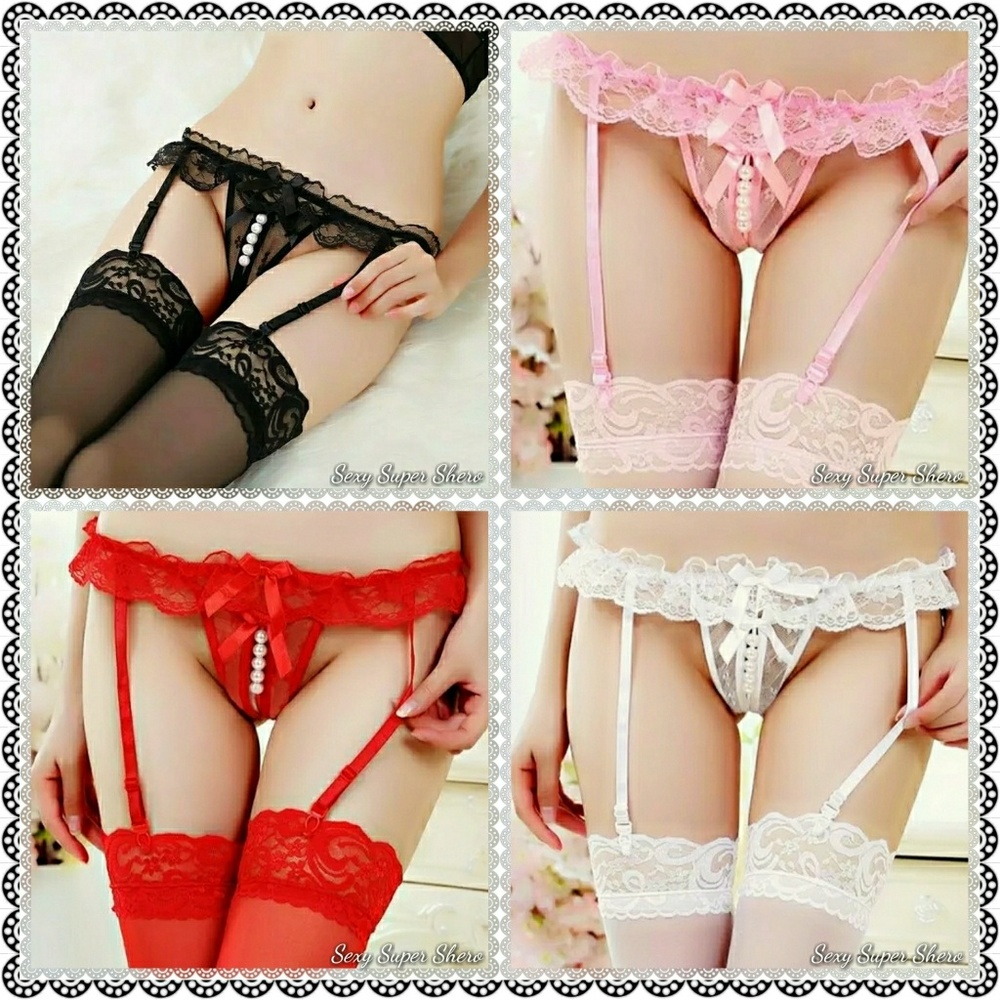 🆕Lacey Pearl G-string lingerie Set garters in Red - Picture 2 of 4
