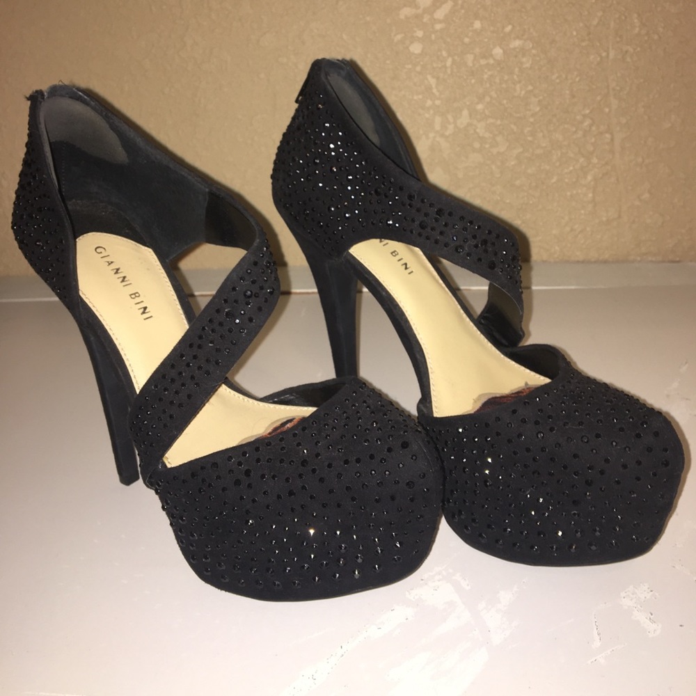 Sparkly black Rhinestone platform strap heel