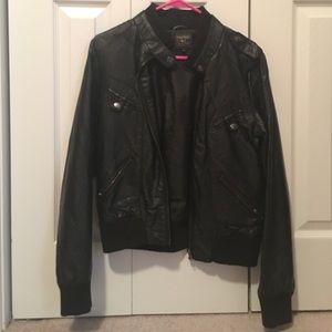 Black Faux Leather Bomber Jacket