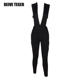 Black Deep V Neck Bandage Jumpsuit