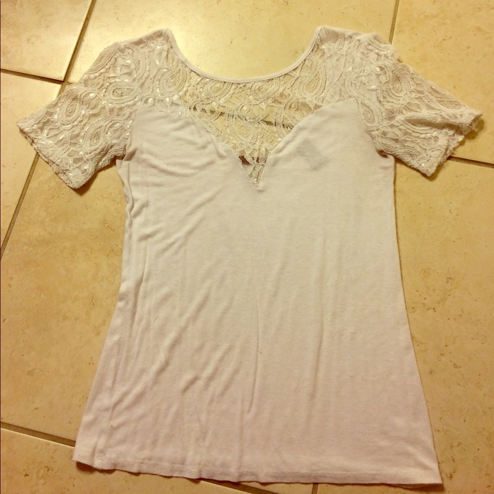 White lace top, scoop back tee