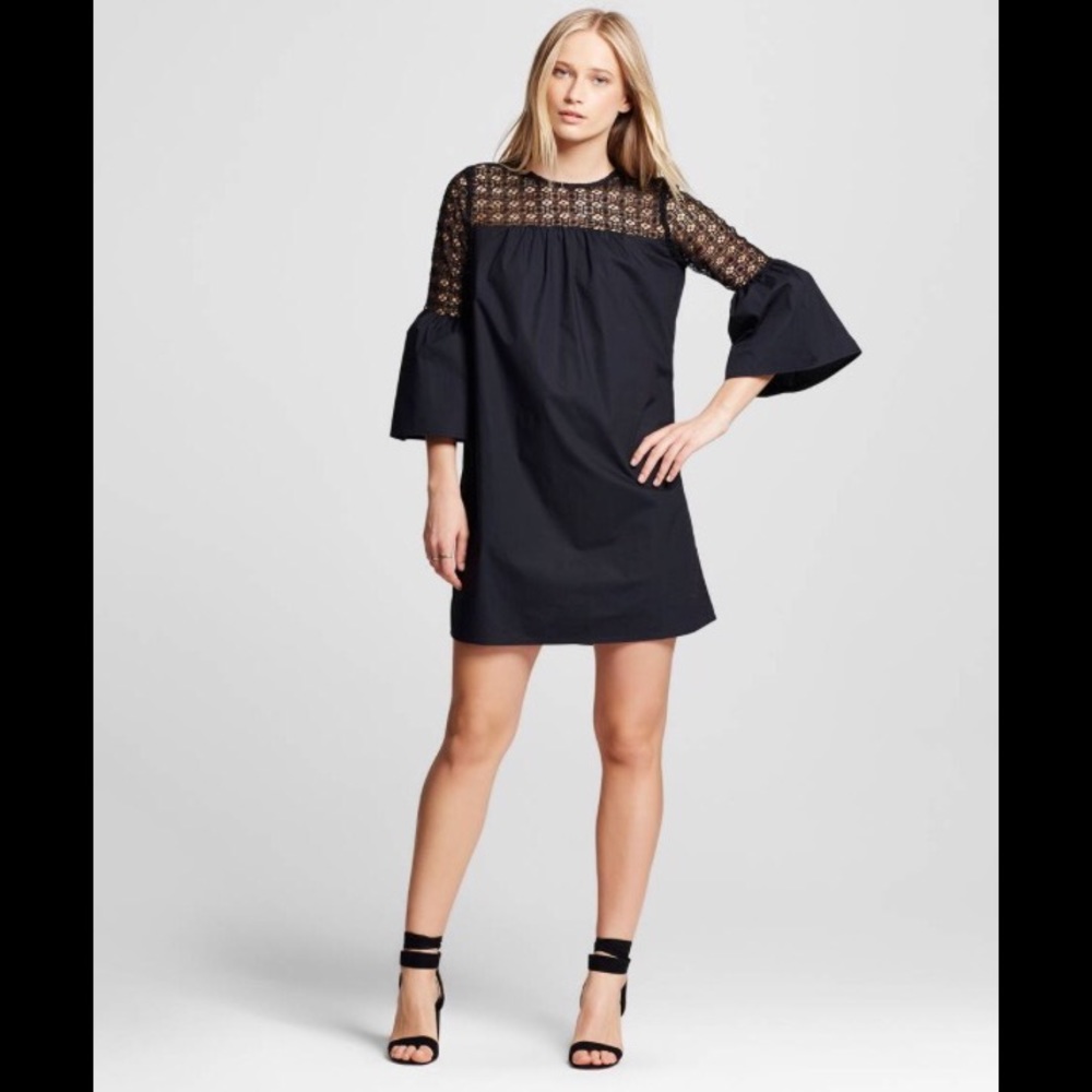 NWOT Black Eyelet Mix Mini Bell Sleeve Dress