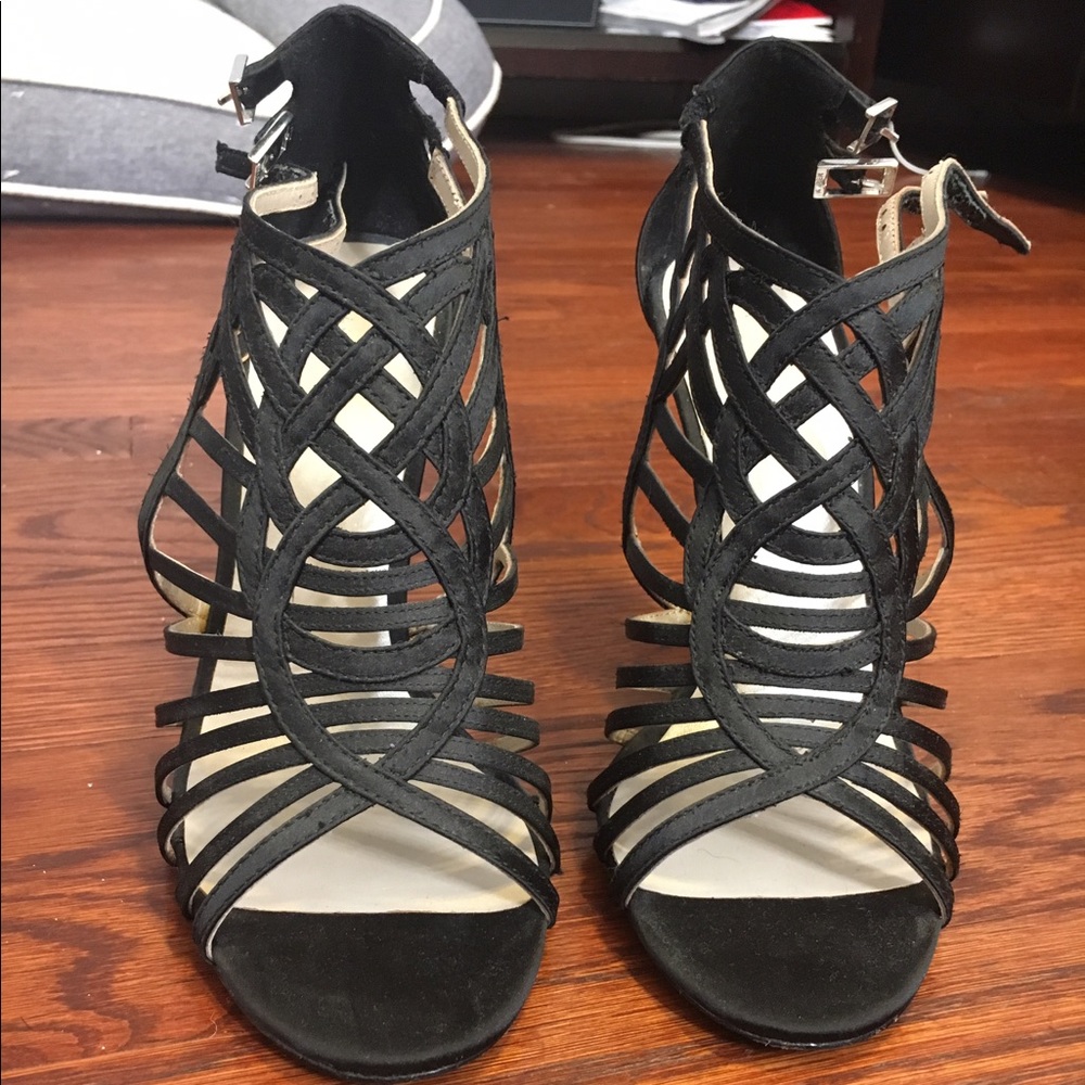 Black satin strappy evening heels by Karen Millen