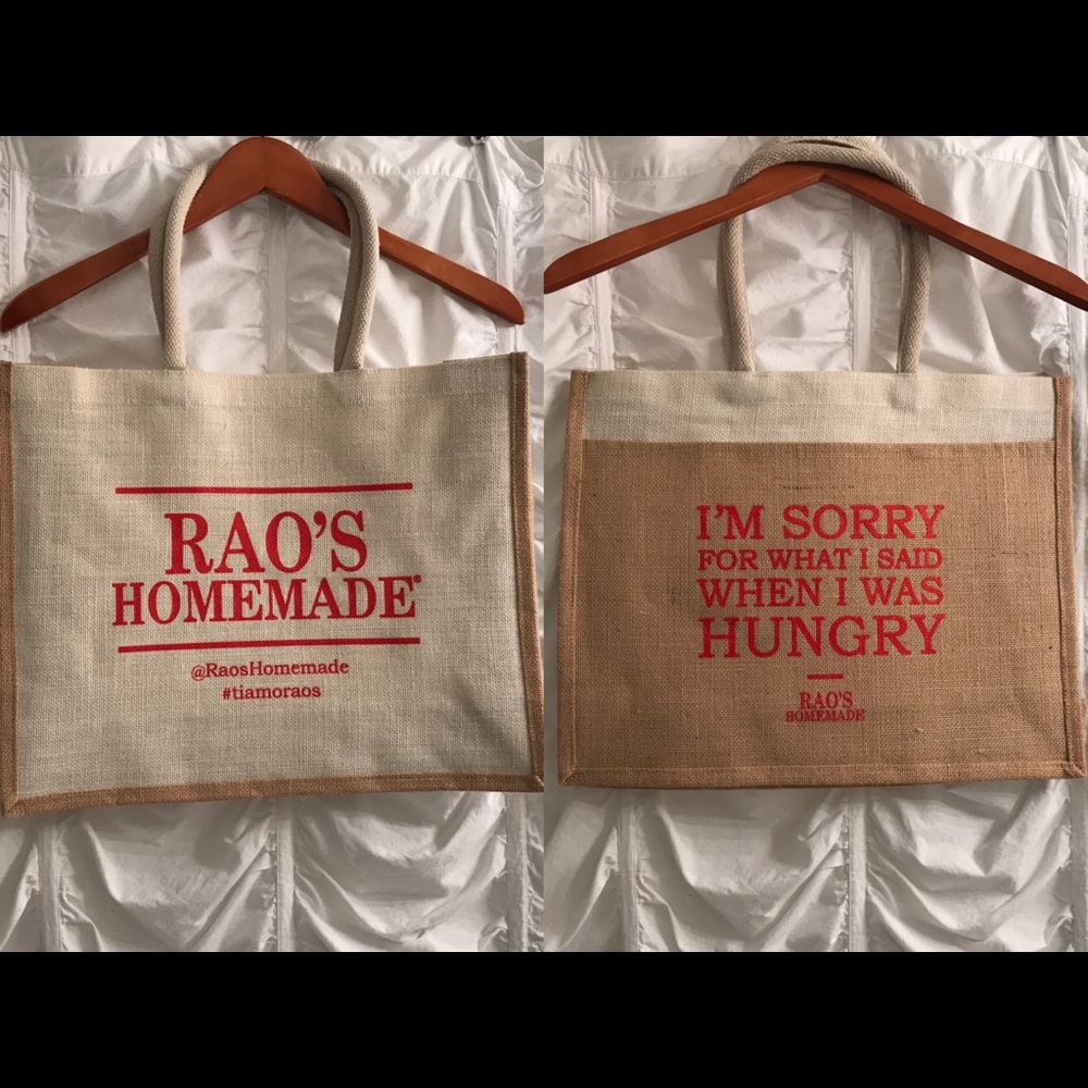 RAO’S HOMEMADE branded jute tote & pin NWOT