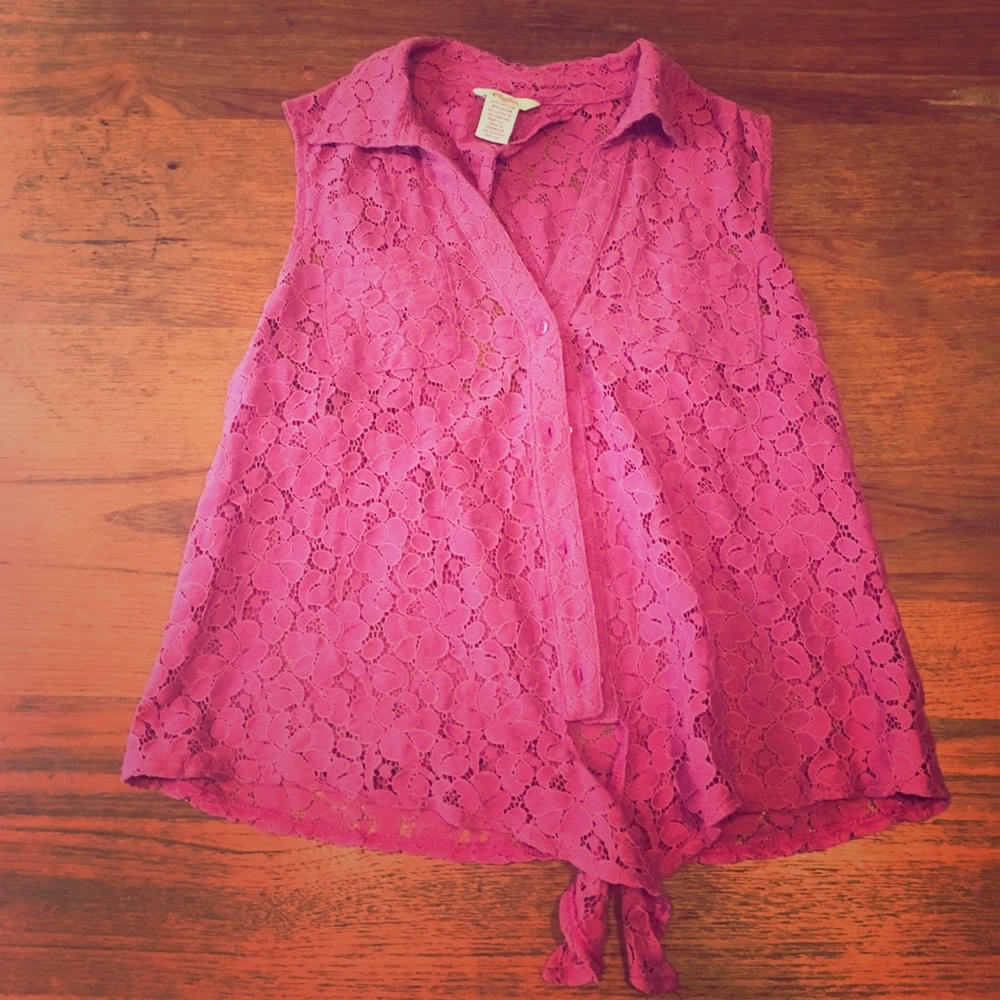 Pink lace tie front top with keyhole back