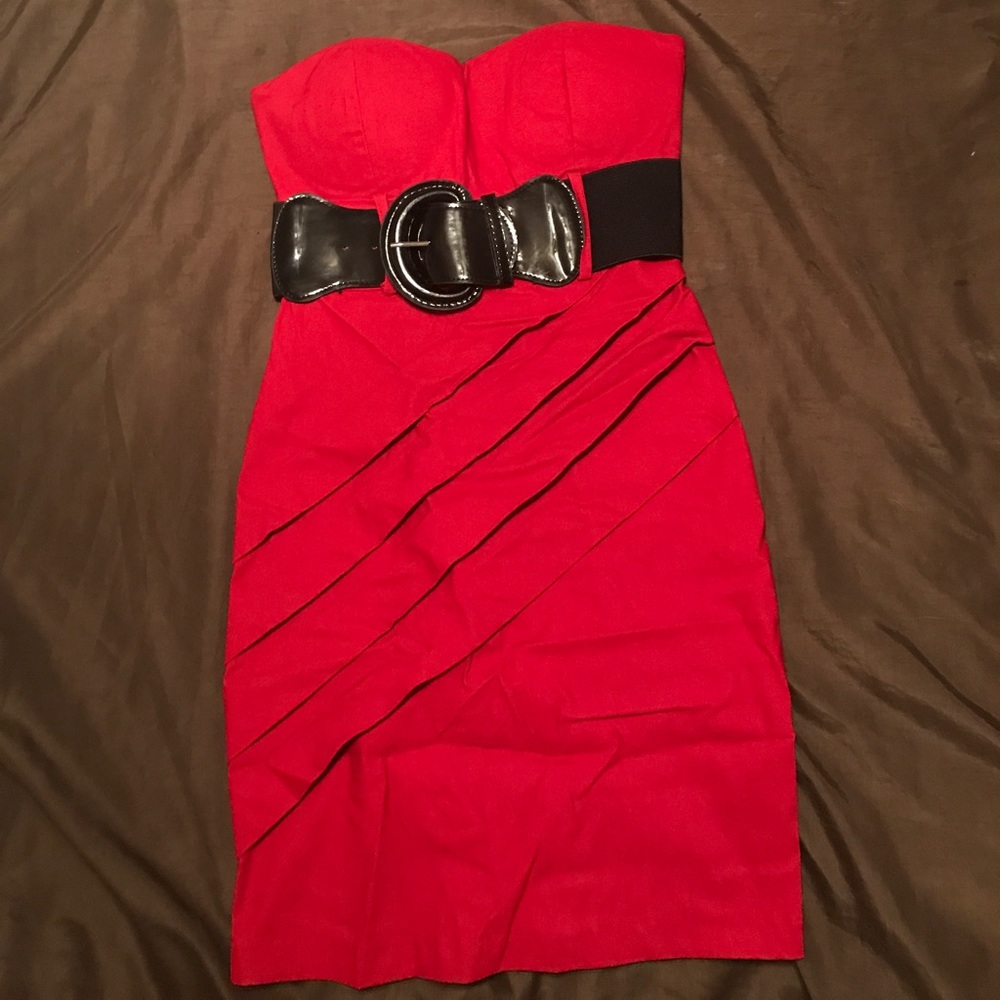 Red strapless dress