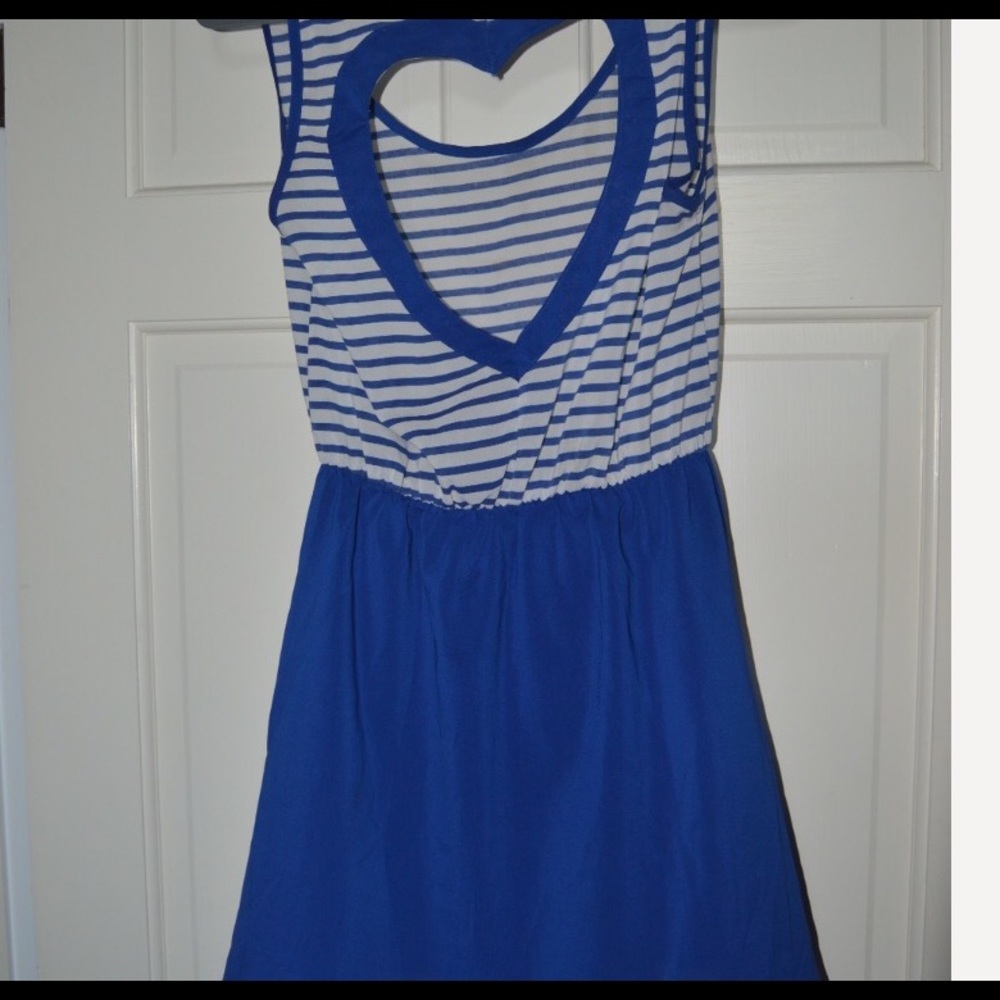 blue and white dress with heart shaped open back
