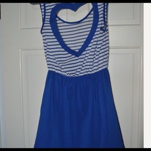 blue and white dress with heart shaped open back