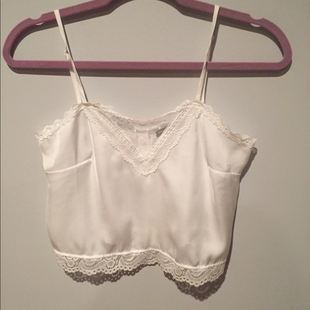 White satin crop with lace and see through detail