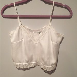 White satin crop with lace and see through detail