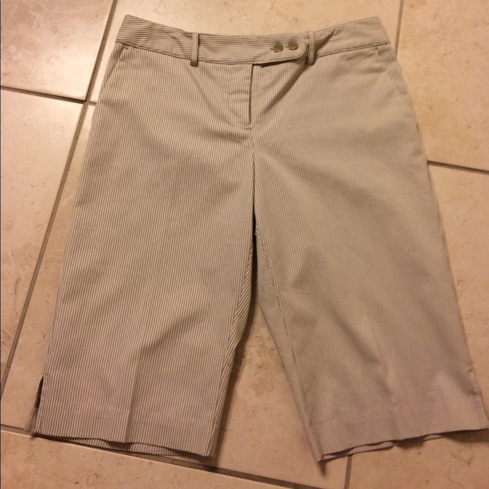 Tan and white pin-striped dressy Bermuda shorts