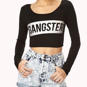 Forever21 "Gangster" Print Long Sleeve Crop Top
