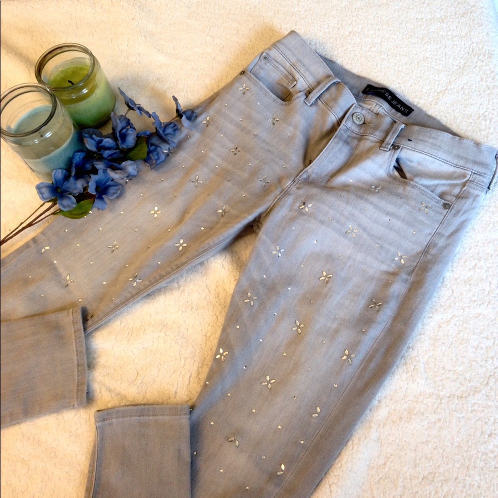 Express Light Grey Sequined Skinny Jeans