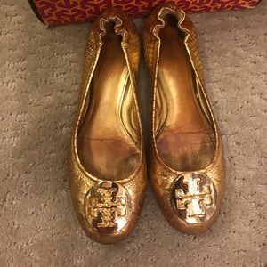 Tory Burch snakeskin gold Reva ballet flats