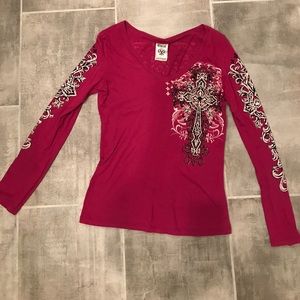 Fushia embellished cross long sleeve tee