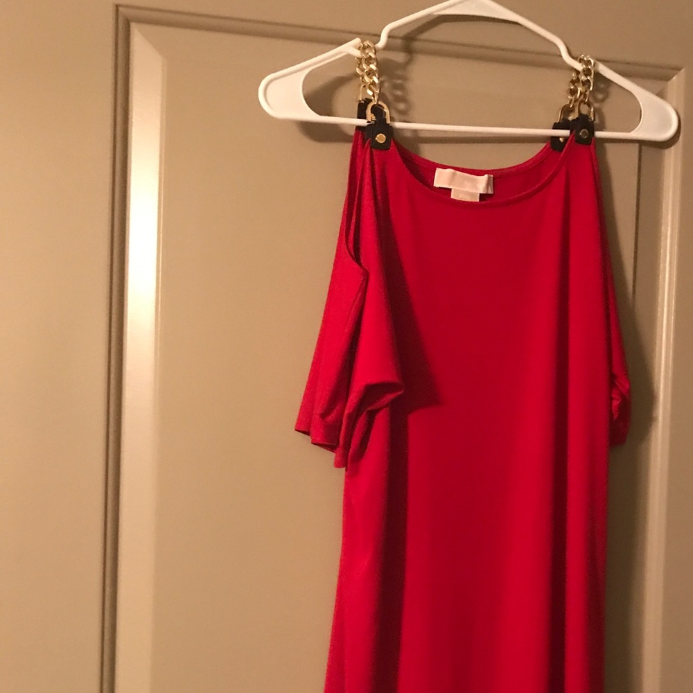 Red Micheal Kors dress with gold chain shoulders