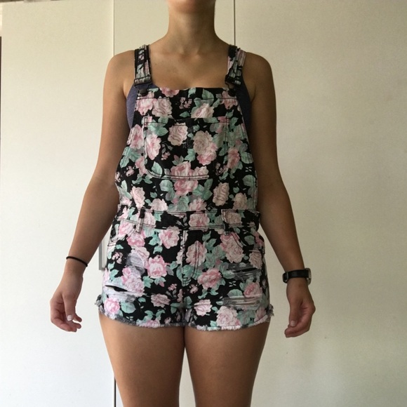 Forever21 Denim Flower Print Overalls - Picture 1 of 4